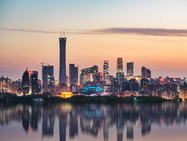 High angle view of Beijing Skyline at Dusk stock photo