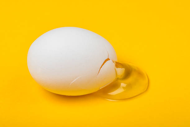 High angle view of cracked white egg with its yolk over yellow background stock photo