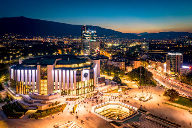 High angle view of night Sofia, Bulgaria. Including Nationa Palace of Culture - stock image stock photo