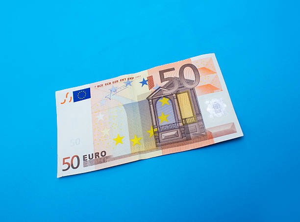 High angle view of single fifty euro banknote stock photo