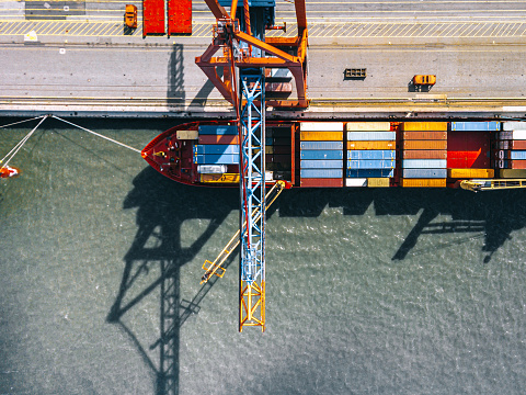 high angle view on Cargo container ship in Hamburg port