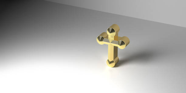 High angle view on ornate golden cross symbol on blank grey background Glorious Christian Cross symbol in 3D to celebrate the resurrection of Jesus Christ from the dead on the date of Easter with ornate golden cross icon concept on blank background with dropped shadow and copy space. Great for Confirmation, Baptism, Easter or any religious celebration. good friday stock pictures, royalty-free photos & images