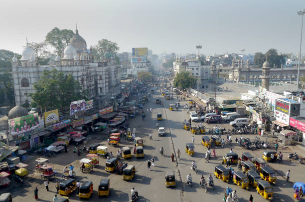 High angle view over busy intersection in India stock photo