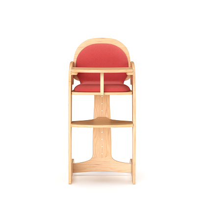 3d illustration of wooden high chair with red pillow for baby and infants isolated on white front view