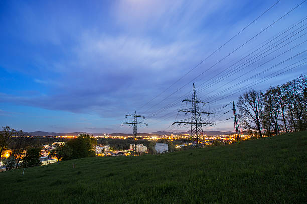 High power electricty grid powering the city stock photo