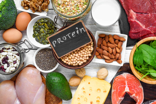 High protein food. Fish, meat, poultry, nuts, eggs and vegetables. healthy eating and diet concept High protein food. Fish, meat, poultry, nuts, eggs and vegetables. healthy eating and diet concept. top view  protein sources  stock pictures, royalty-free photos & images