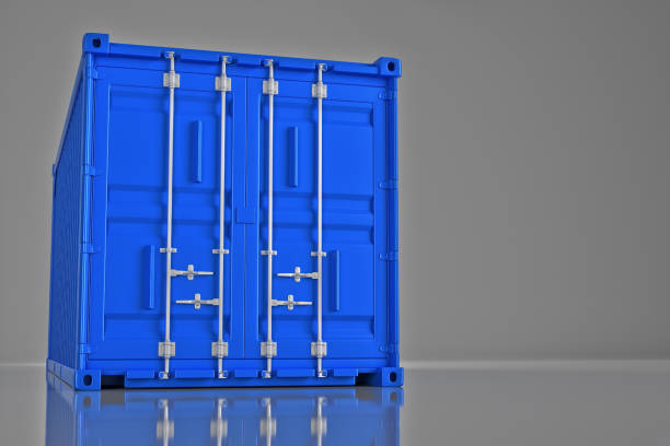 A high quality image of a blue 20ft shipping container on a white background. 3d render stock photo