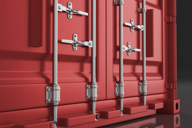 A high quality image of a red 20ft shipping container on a white background. 3d render stock photo