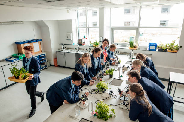 High School Classroom High angle view of students during a stem class. british curriculum schools stock pictures, royalty-free photos & images