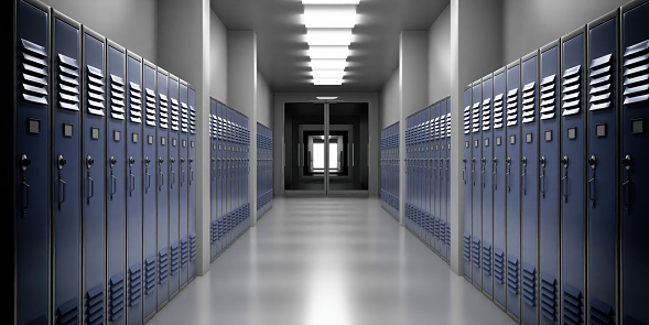 High school lobby with blue color lockers, perspective view. Students storage cabinets, closed metal doors, gray color room interior background. 3d illustration
