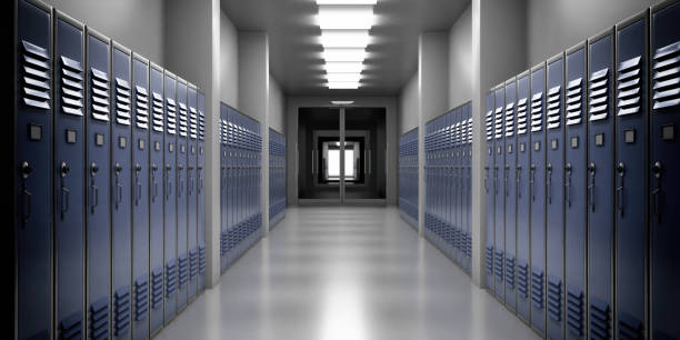 High school lobby with blue color lockers, perspective view. Fitness Gym, sports club hallway. 3d illustration High school lobby with blue color lockers, perspective view. Students storage cabinets, closed metal doors, gray color room interior background. 3d illustration high school stock pictures, royalty-free photos & images