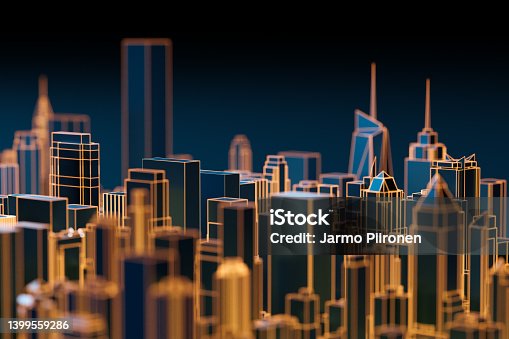 istock High tech city skyline hologram. 3D rendering. 1399559286