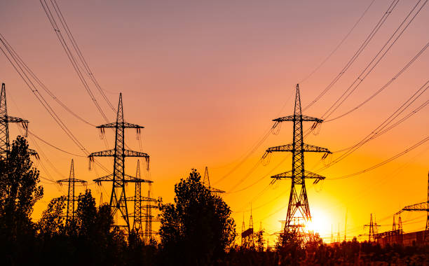 High voltage metal post. High-voltage towers in the forest with sunset and twilight sky with clouds background. Silhouette of the grass at the first plan stock photo
