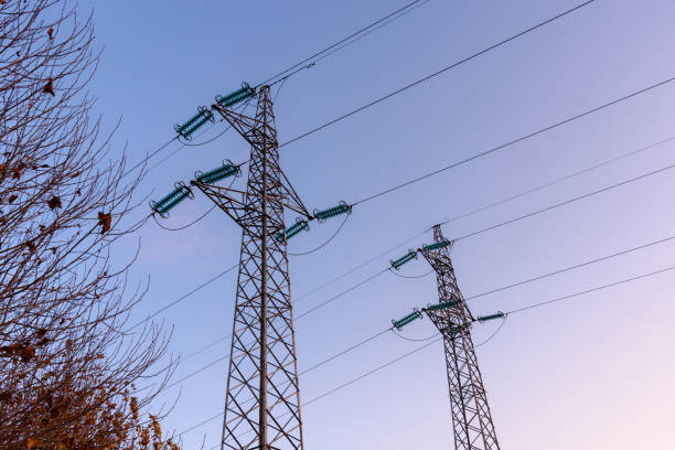 High voltage pylons against clear sky at dusk in winter stock photo