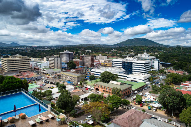 High Wide Angle view with pool of Blantyre City Centre Malawi stock photo