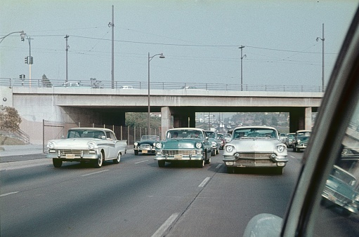 Los Angeles, California, USA, 1965. Cars on a highway in Greater Los Angeles.
