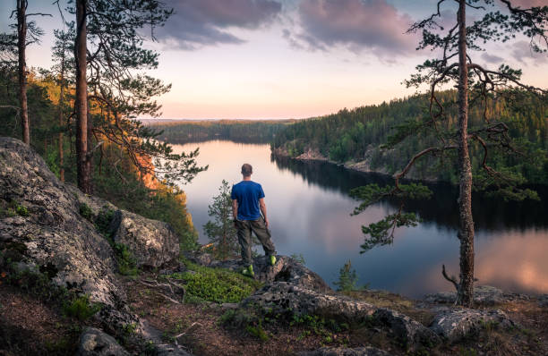 wandelaar staan boven aan de voorzijde van de heuvel van mooie idyllische landschap - finland stockfoto's en -beelden