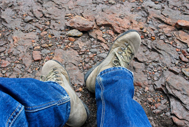 hiker's legs and boots stock photo