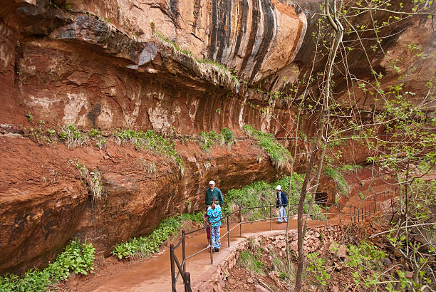 People Pass Beneath Cliff on The Way to Emerald Pools Zion National Park, Utah, USA - May 10, 2011: Hikers pass beneath a cliff on their way to the Emerald Pools. jeff goulden rock formation stock pictures, royalty-free photos & images