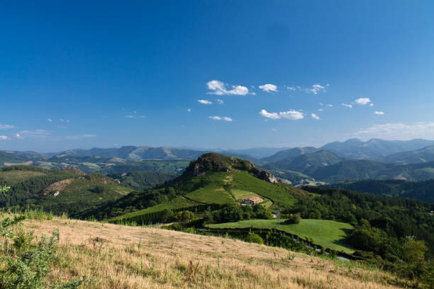 hiking in beautiful green hills landscape in blue sky, basque country, france stock photo