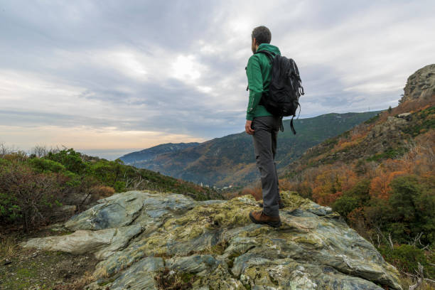 Hiking on the Corsica Island in France in autumn stock photo