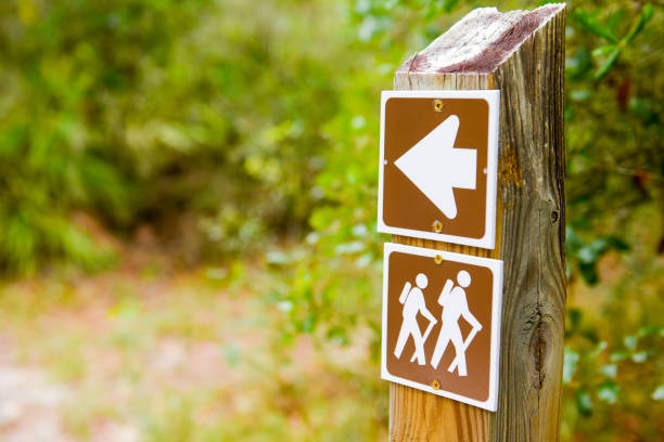 Hiking trail sign stock photo