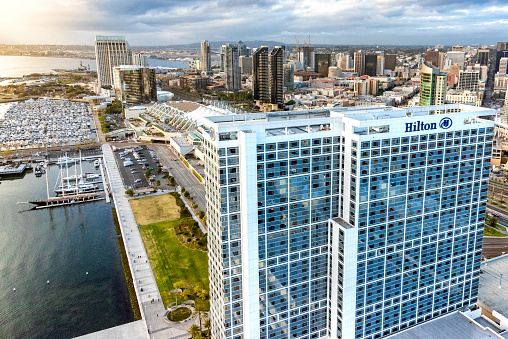 San Diego, United States - January 15, 2016:  Aerial view of the Hilton Hotel, San Diego Bayfront, located in downtown San Diego shot from an altitude of about 800 feet during a helicopter photo flight.