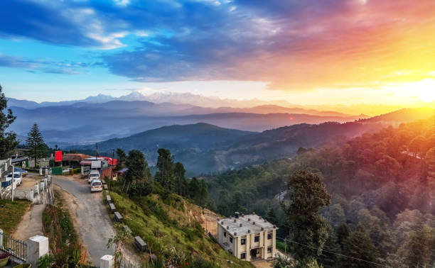 Himalaya sunrise with barren mountain range at Kausani Uttarakhand India stock photo