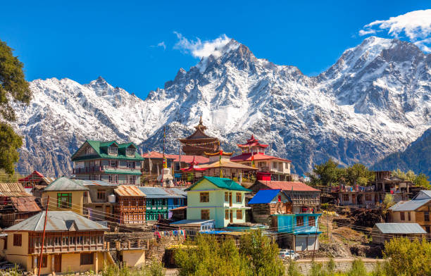 Himalayan village town of Kalpa with Kailash mountain snow peaks at Himachal Pradesh India. stock photo