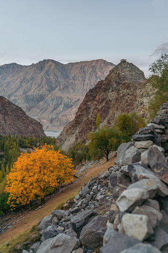 Scenic view of Himalayas mountains in Pakistan in autumn at  sunset