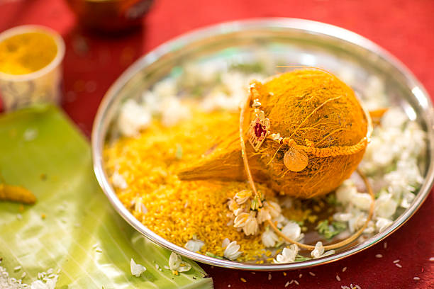 Hindu Indian wedding ceremony Decoreted coconut with Thali in Hindu Indian wedding ceremony hinduism photos stock pictures, royalty-free photos & images