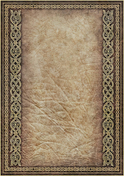 Hi-Res Antique Parchment with Medieval Gilded Arabesque Linear Decorative Motif stock photo