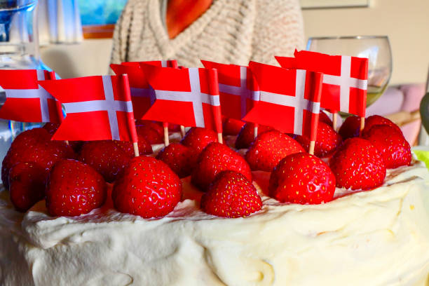 Hirtshals, Denmark Hirtshals, Denmark A birthday cake with Danish flags. happy birthday in danish stock pictures, royalty-free photos & images