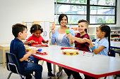 Smiling Hispanic schoolteacher sitting with elementary aged students at classroom table and playing musical instruments.