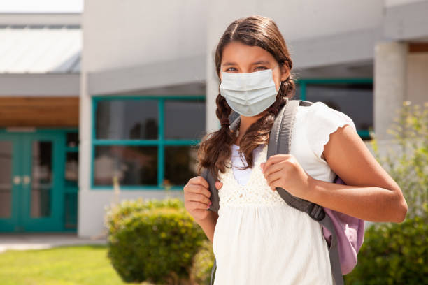 Hispanic Student Girl Wearing Face Mask with Backpack on School Campus Hispanic Student Girl Wearing Face Mask with Backpack on School Campus. mexican teenage girls stock pictures, royalty-free photos & images