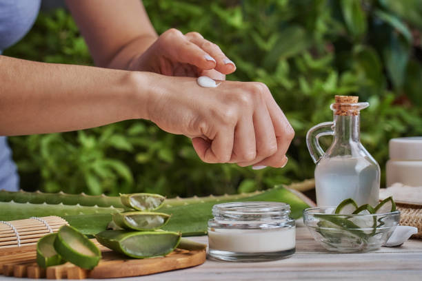Hispanic young woman moisturizing hands with lotion and aloe vera stock photo