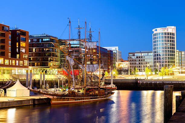 Historic boat in a modern City stock photo