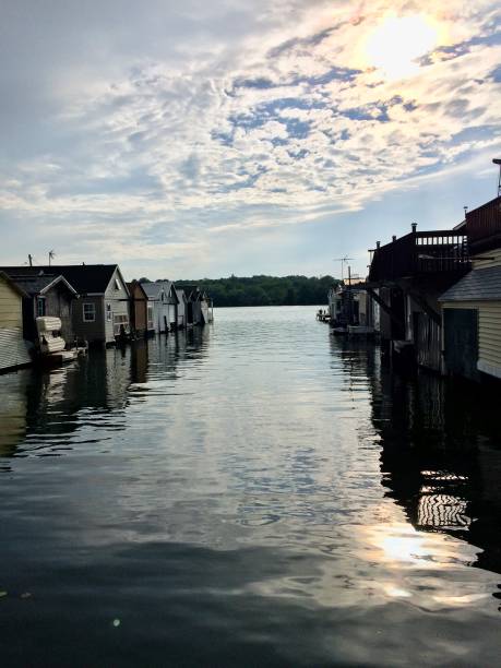 Historic Boathouses, Lake Canandaigua, New York stock photo