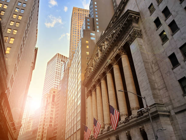 Historic buildings of Wall Street in the financial district of lower Manhattan, New York City stock photo