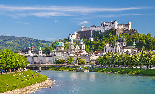 Historic city of Salzburg with river Salzach in springtime, Austria stock photo