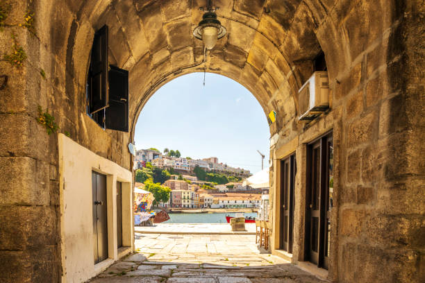 historic gate to medieval city of porto with view on vila nova de gaia, portugal - oporto imagens e fotografias de stock