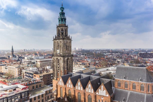 Historic Martini church dominating the skyline of Groningen stock photo