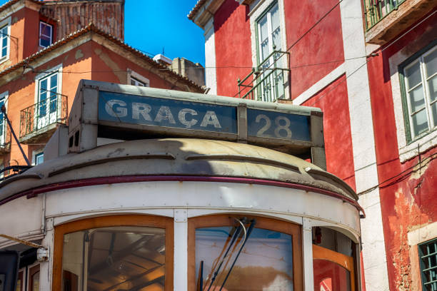 Historic tram line 28 in Lisbon stock photo