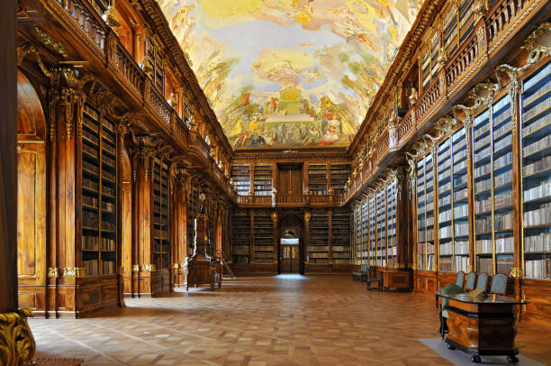 Historical library of Strahov Monastery in Prague. stock photo