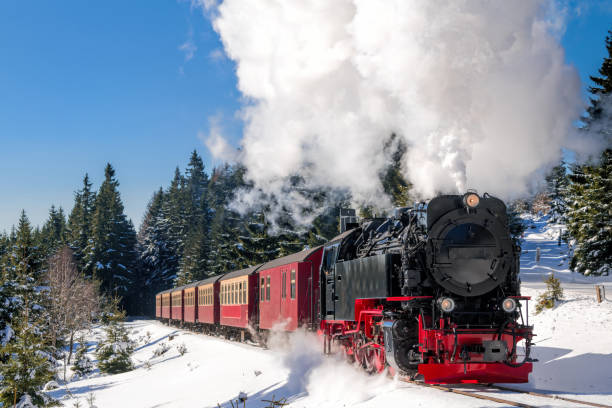 Historical steam train running full speed to Brocken Mountain in Harz region stock photo