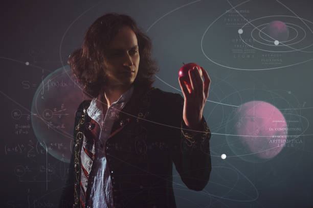 History of science, concept. Isaac Newton with Apple in hand History of science, concept. Isaac Newton with Apple in hand. Gravity and the theory of gravity. Research in physics. isaac newton picture stock pictures, royalty-free photos & images