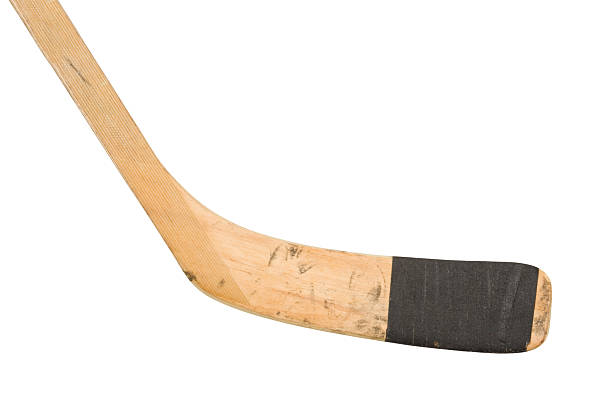 Hockey stick Icehokey stick made of wood and reinforced with fibreglass and black insulating tape. Isolated on pure white. hockey stick stock pictures, royalty-free photos & images