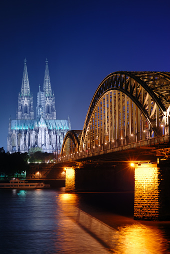 Hohenzollern Bridge and cathedral of cologne at sunset.
