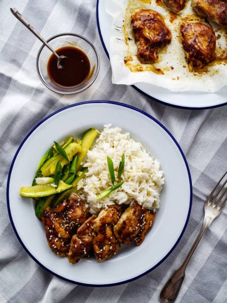 Hoisin Chicken. Traditional Asian cuisine. Chicken with sauce, rice and pickled cucumbers. stock photo