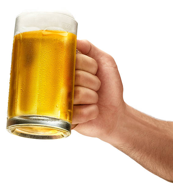 holding cold beer for cheers stock photo